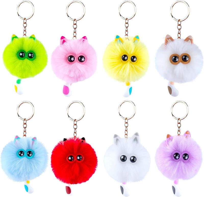 Niceup 8pcs Cute Kitten Cat Pom Pom Fuzzy Keychains Puff Ball Fluffy Charms Keyrings for Party Favors Goddie Bag Fillers - Image 1